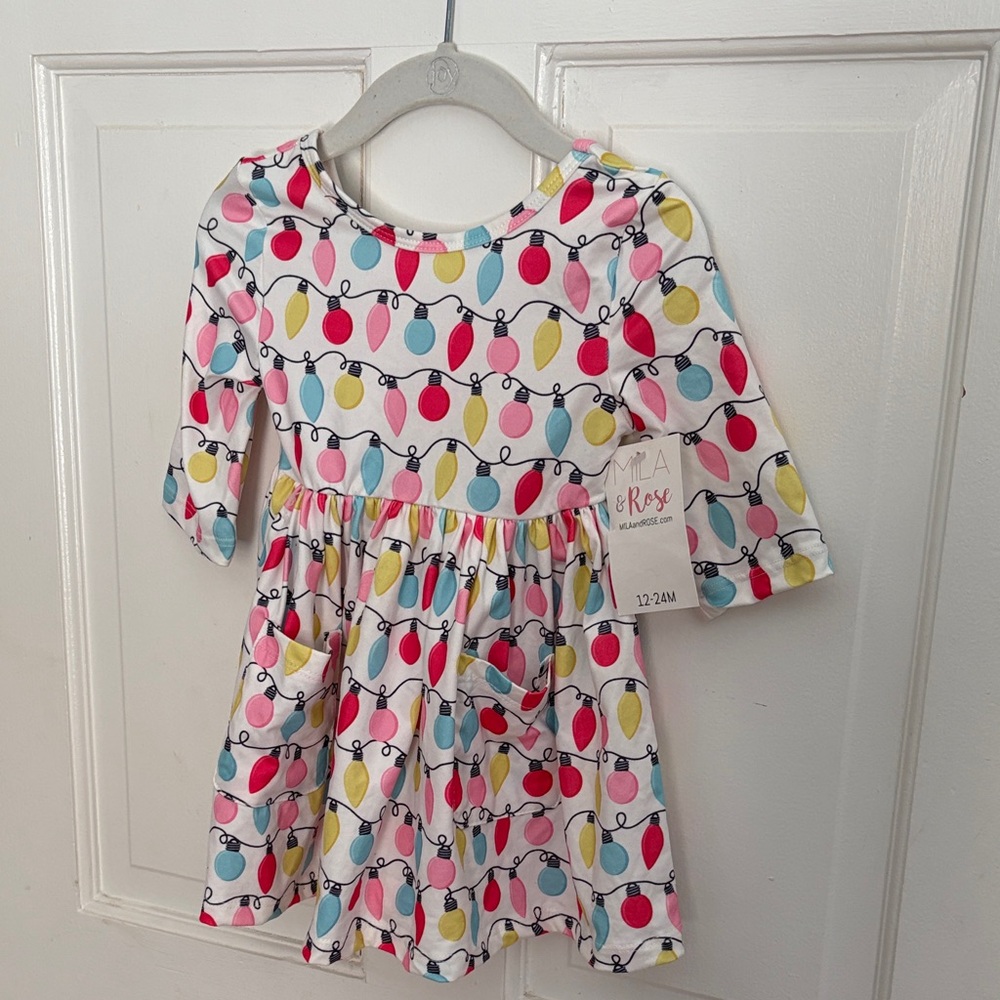 NWT Colorful Kids Dress with Christmas Lights Print
